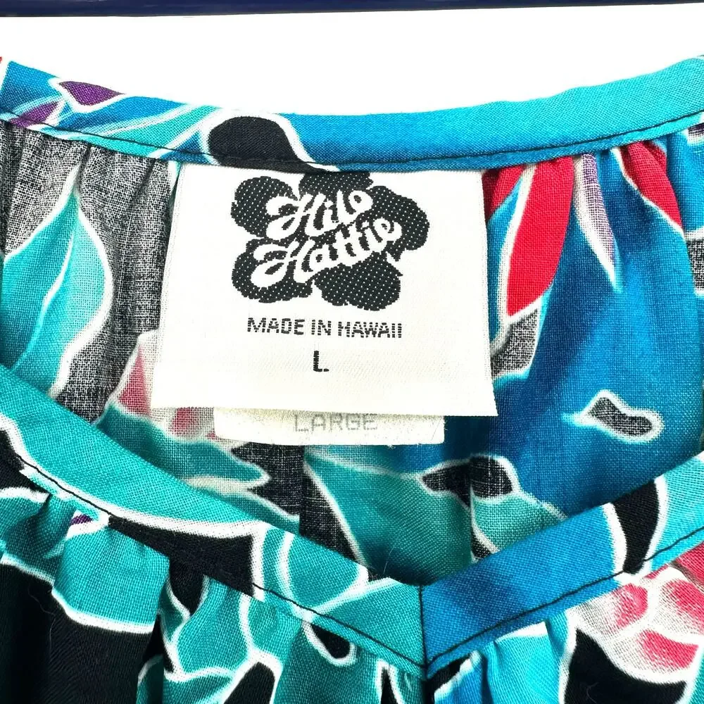 Hilo Hattie‎ Size L 3/4 Sleeve Boat Neck Long Dress Blue Tropical Print Casual - Picture 4 of 5